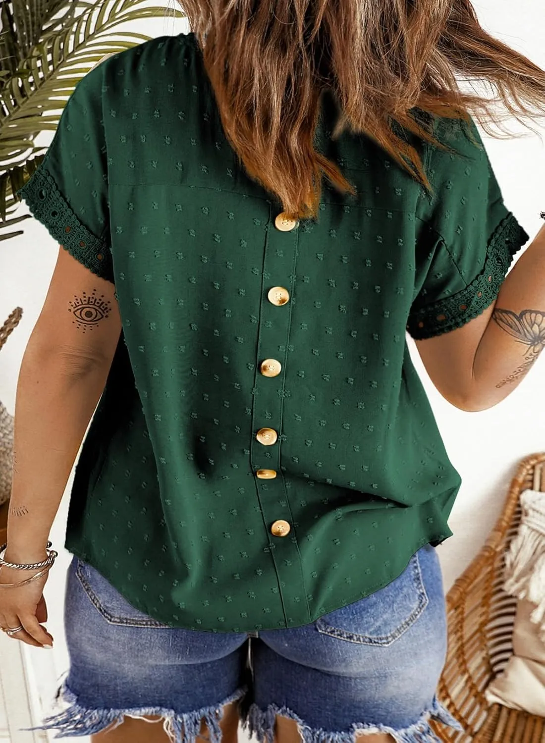 Eytino Women Plus Size Tops Crewneck Short Sleeve Lace Crochet Loose Casual Summer Blouses Shirts(1X-5X)