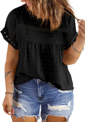 Eytino Women Plus Size Tops Crewneck Short Sleeve Lace Crochet Loose Casual Summer Blouses Shirts(1X-5X)