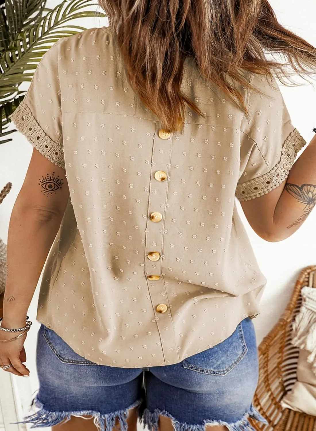 Eytino Women Plus Size Tops Crewneck Short Sleeve Lace Crochet Loose Casual Summer Blouses Shirts(1X-5X)