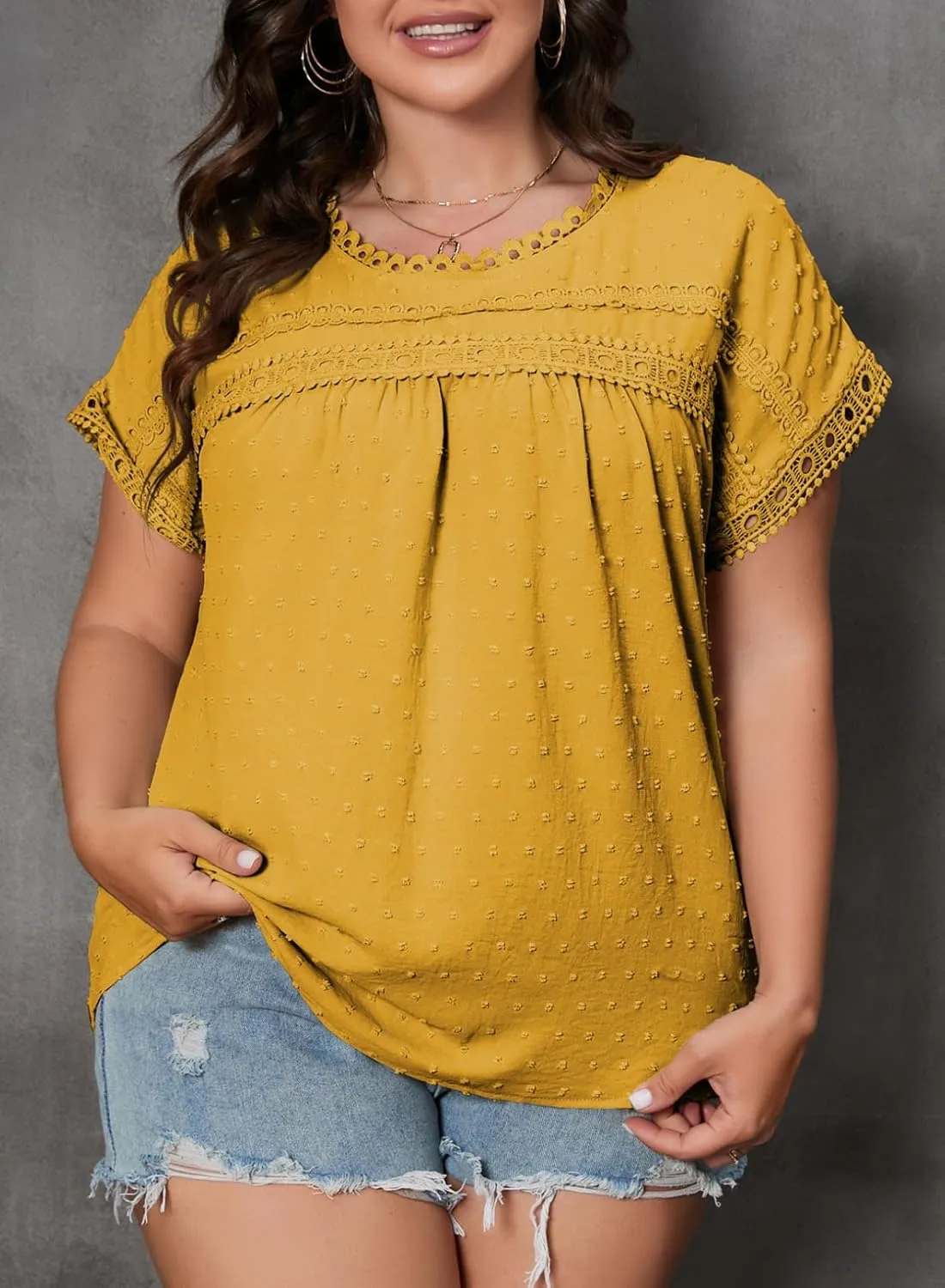 Eytino Women Plus Size Tops Crewneck Short Sleeve Lace Crochet Loose Casual Summer Blouses Shirts(1X-5X)