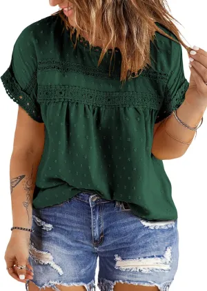 Eytino Women Plus Size Tops Crewneck Short Sleeve Lace Crochet Loose Casual Summer Blouses Shirts(1X-5X)