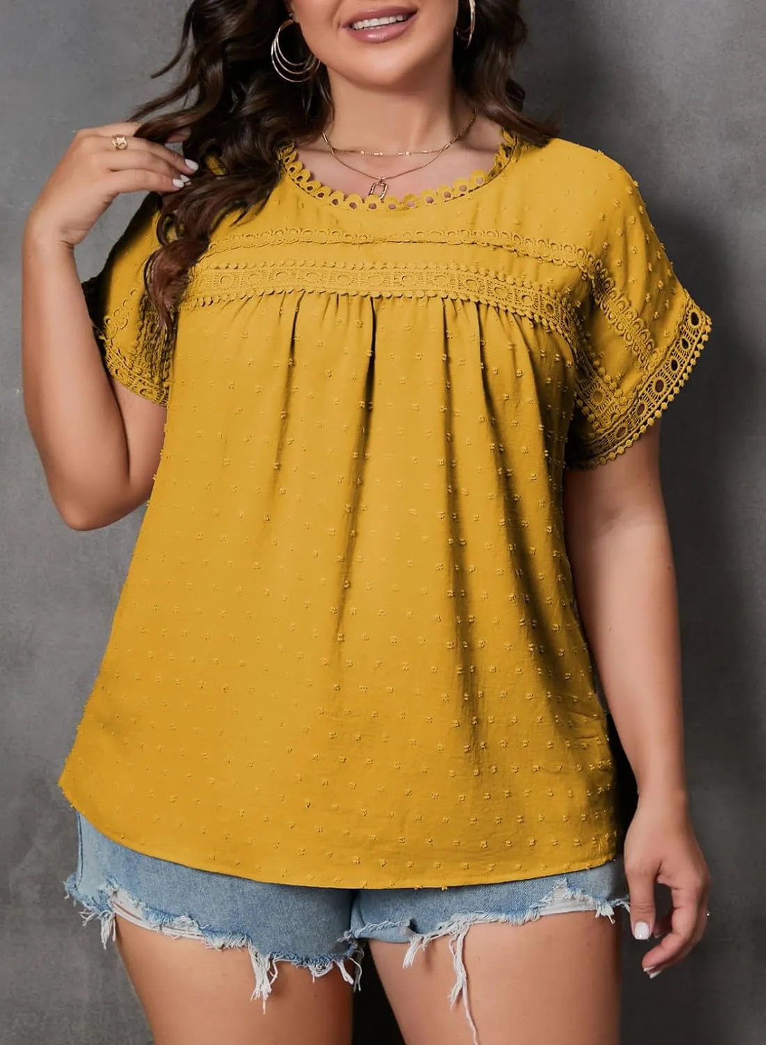Eytino Women Plus Size Tops Crewneck Short Sleeve Lace Crochet Loose Casual Summer Blouses Shirts(1X-5X)
