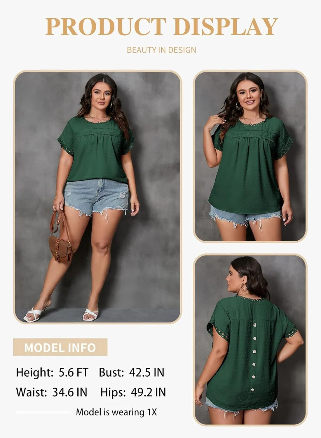 Eytino Women Plus Size Tops Crewneck Short Sleeve Lace Crochet Loose Casual Summer Blouses Shirts(1X-5X)