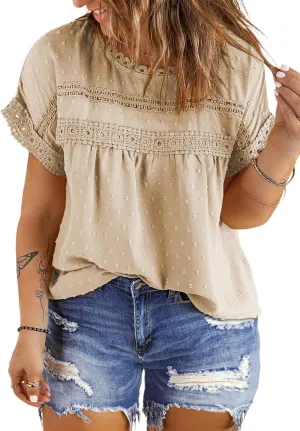 Eytino Women Plus Size Tops Crewneck Short Sleeve Lace Crochet Loose Casual Summer Blouses Shirts(1X-5X)