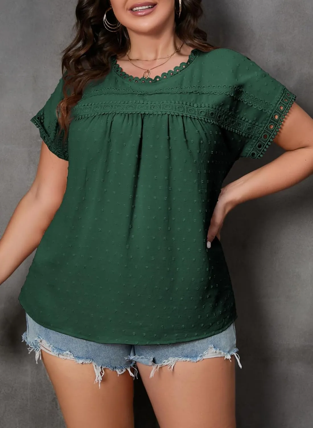 Eytino Women Plus Size Tops Crewneck Short Sleeve Lace Crochet Loose Casual Summer Blouses Shirts(1X-5X)