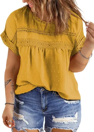 Eytino Women Plus Size Tops Crewneck Short Sleeve Lace Crochet Loose Casual Summer Blouses Shirts(1X-5X)