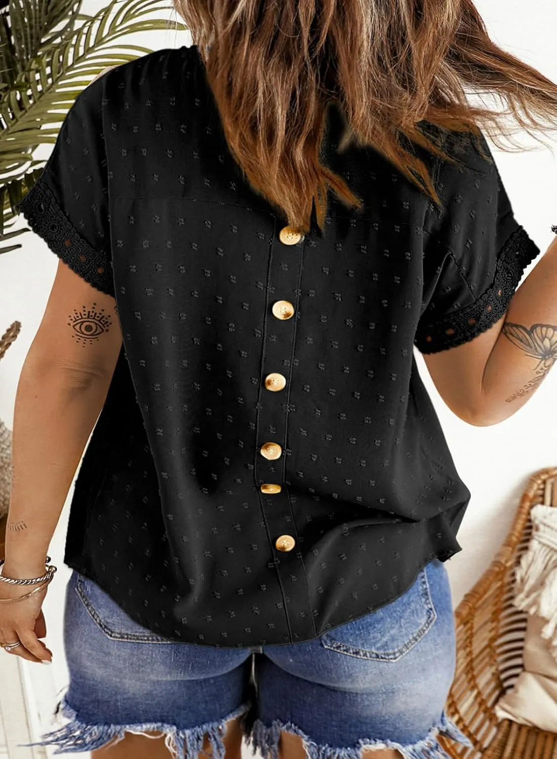 Eytino Women Plus Size Tops Crewneck Short Sleeve Lace Crochet Loose Casual Summer Blouses Shirts(1X-5X)