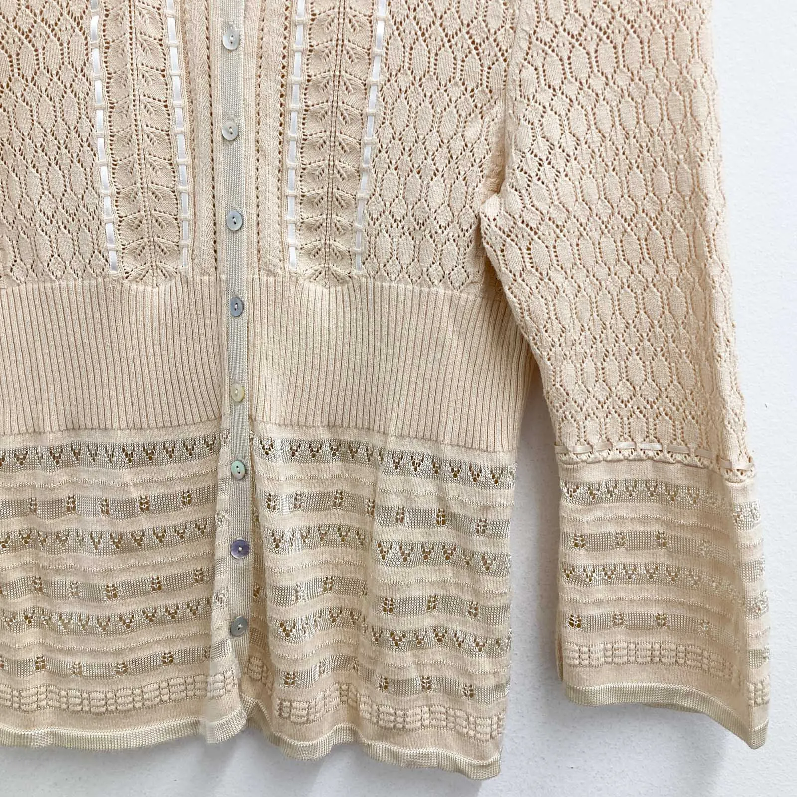 Fenn Wright Manson Cardigan Size 8 Beige Cotton Blend 3/4 Sleeve