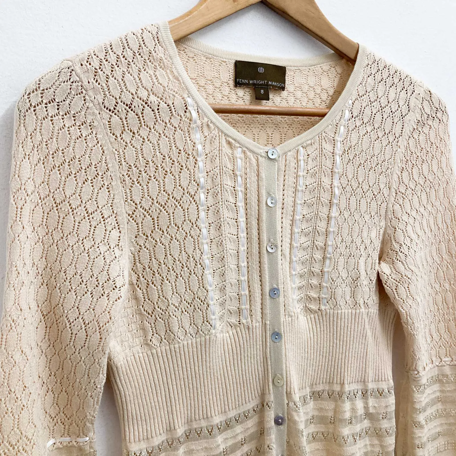 Fenn Wright Manson Cardigan Size 8 Beige Cotton Blend 3/4 Sleeve