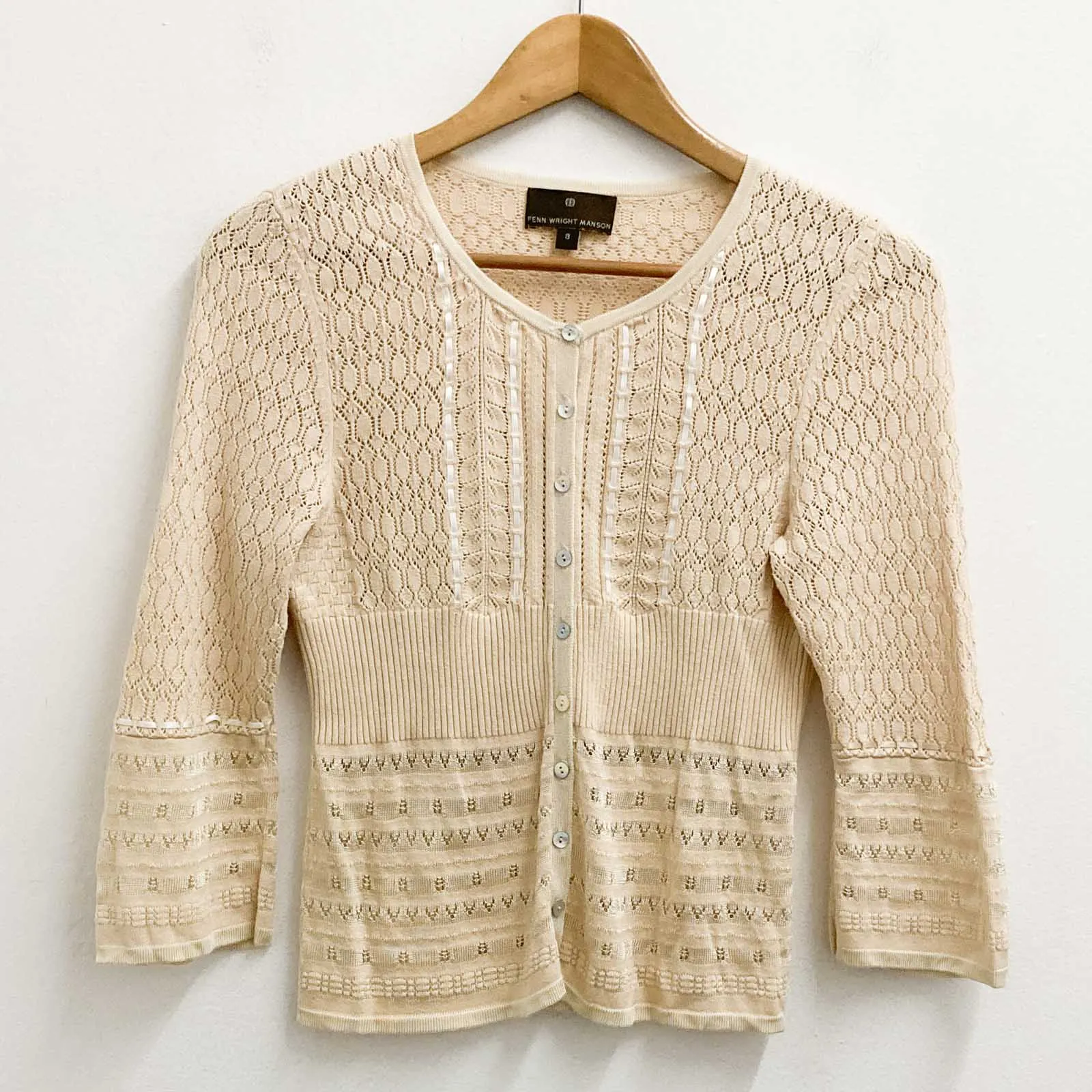 Fenn Wright Manson Cardigan Size 8 Beige Cotton Blend 3/4 Sleeve