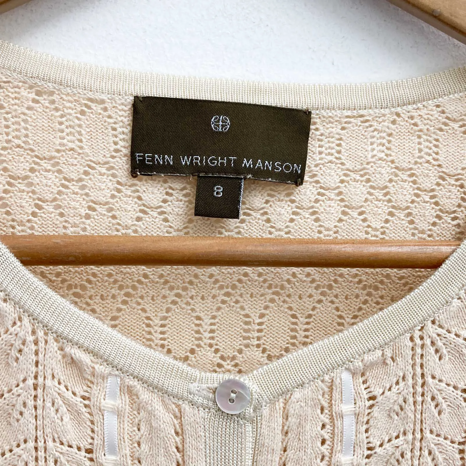 Fenn Wright Manson Cardigan Size 8 Beige Cotton Blend 3/4 Sleeve