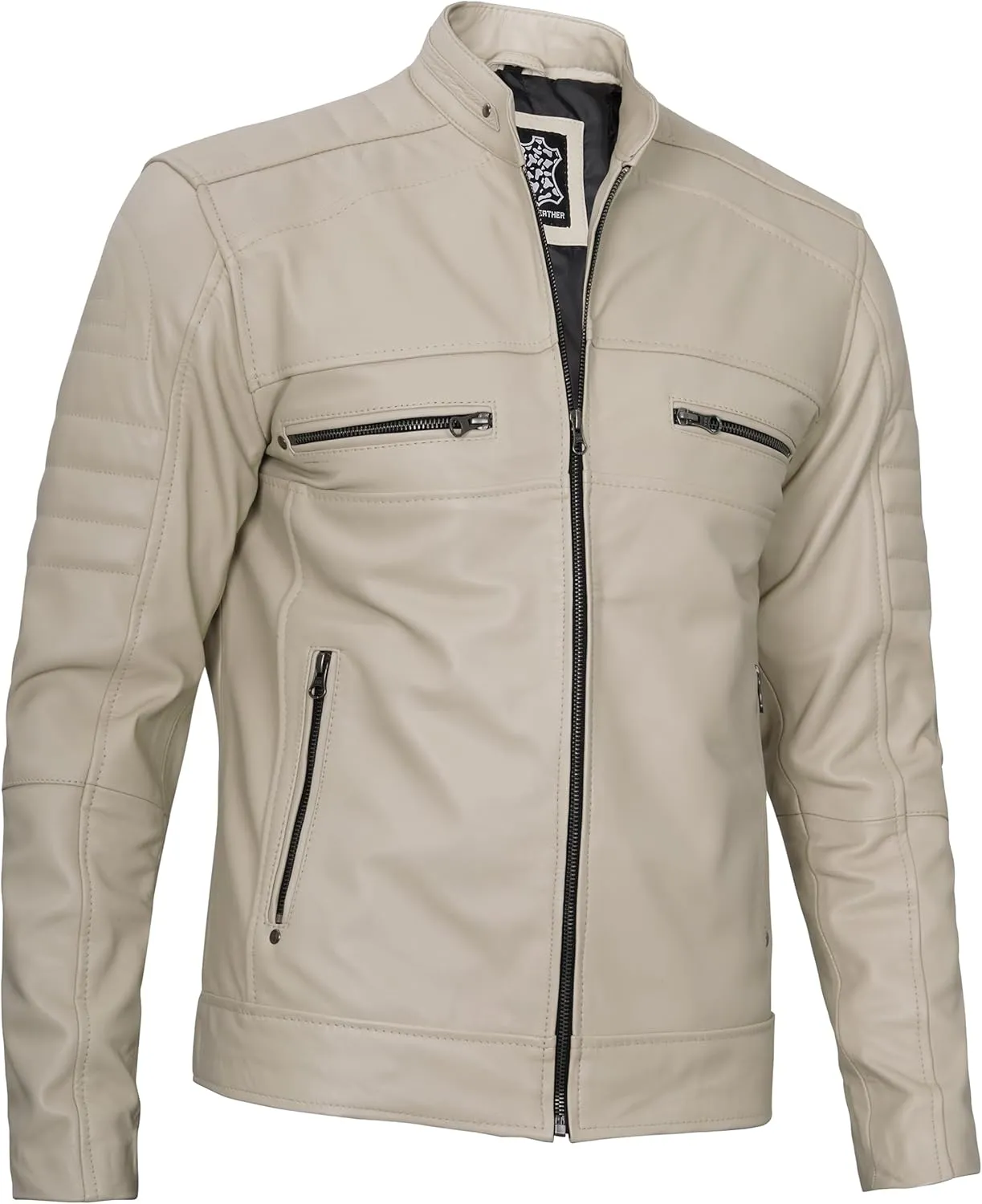 fjackets Cafe Racer Leather Jacket Men - Real Lambskin Natural Grain Leather Moto Style Jackets For Mens