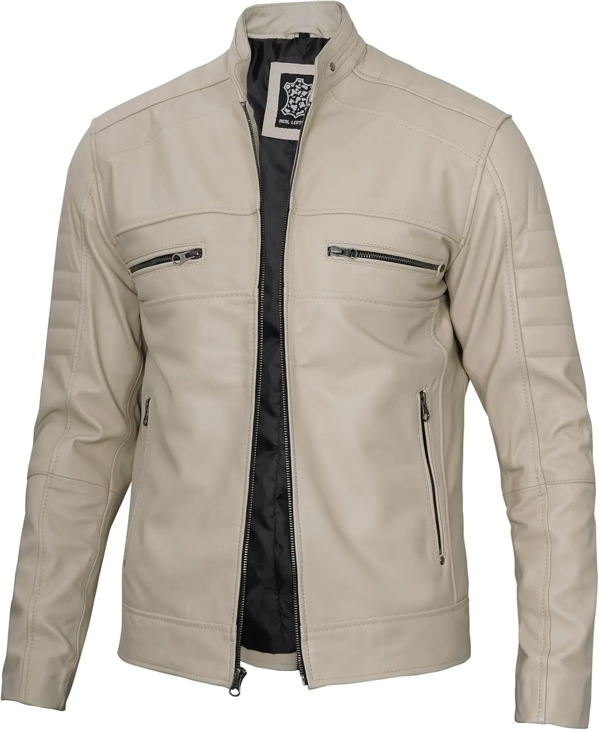 fjackets Cafe Racer Leather Jacket Men - Real Lambskin Natural Grain Leather Moto Style Jackets For Mens
