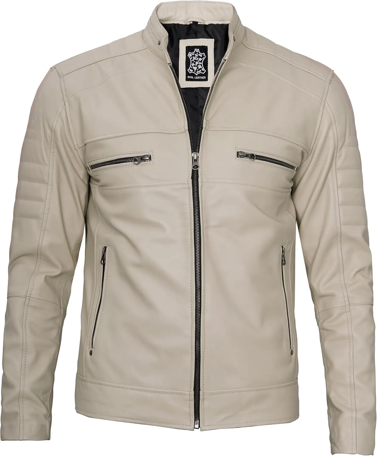 fjackets Cafe Racer Leather Jacket Men - Real Lambskin Natural Grain Leather Moto Style Jackets For Mens