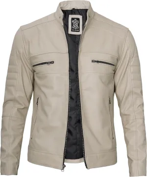 fjackets Cafe Racer Leather Jacket Men - Real Lambskin Natural Grain Leather Moto Style Jackets For Mens