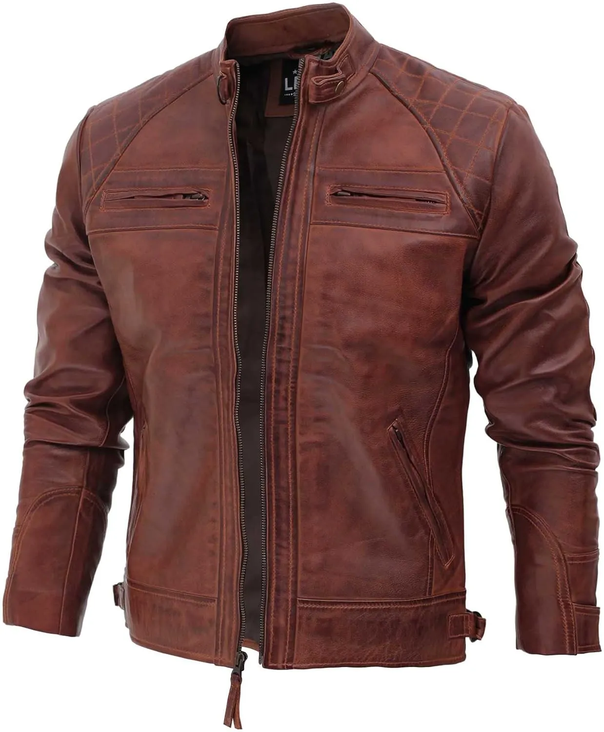 fjackets Real Lambskin Mens Leather Jackets - Quilted Cafe Racer Zip Up Moto Style Leather Jacket Men