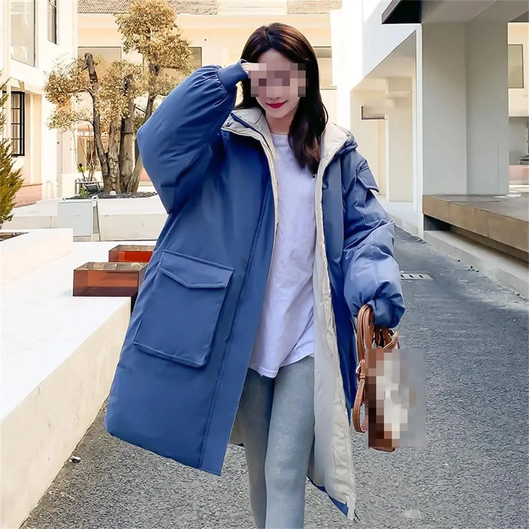 Fjnbbiot Hooded Loose Causal Puffer Outwear Thick Female Padded Jacket Winter Fashion Long Cotton Parker Coats