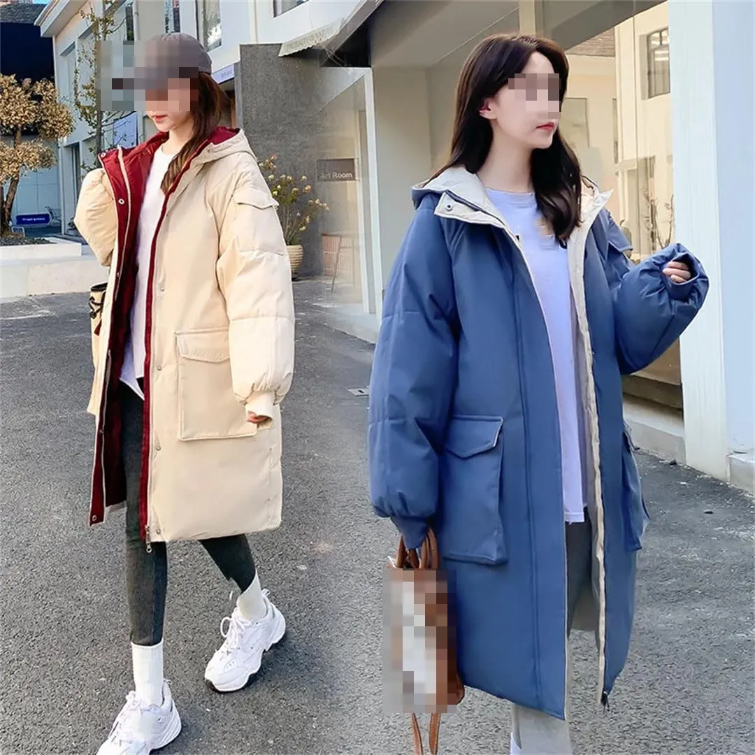 Fjnbbiot Hooded Loose Causal Puffer Outwear Thick Female Padded Jacket Winter Fashion Long Cotton Parker Coats