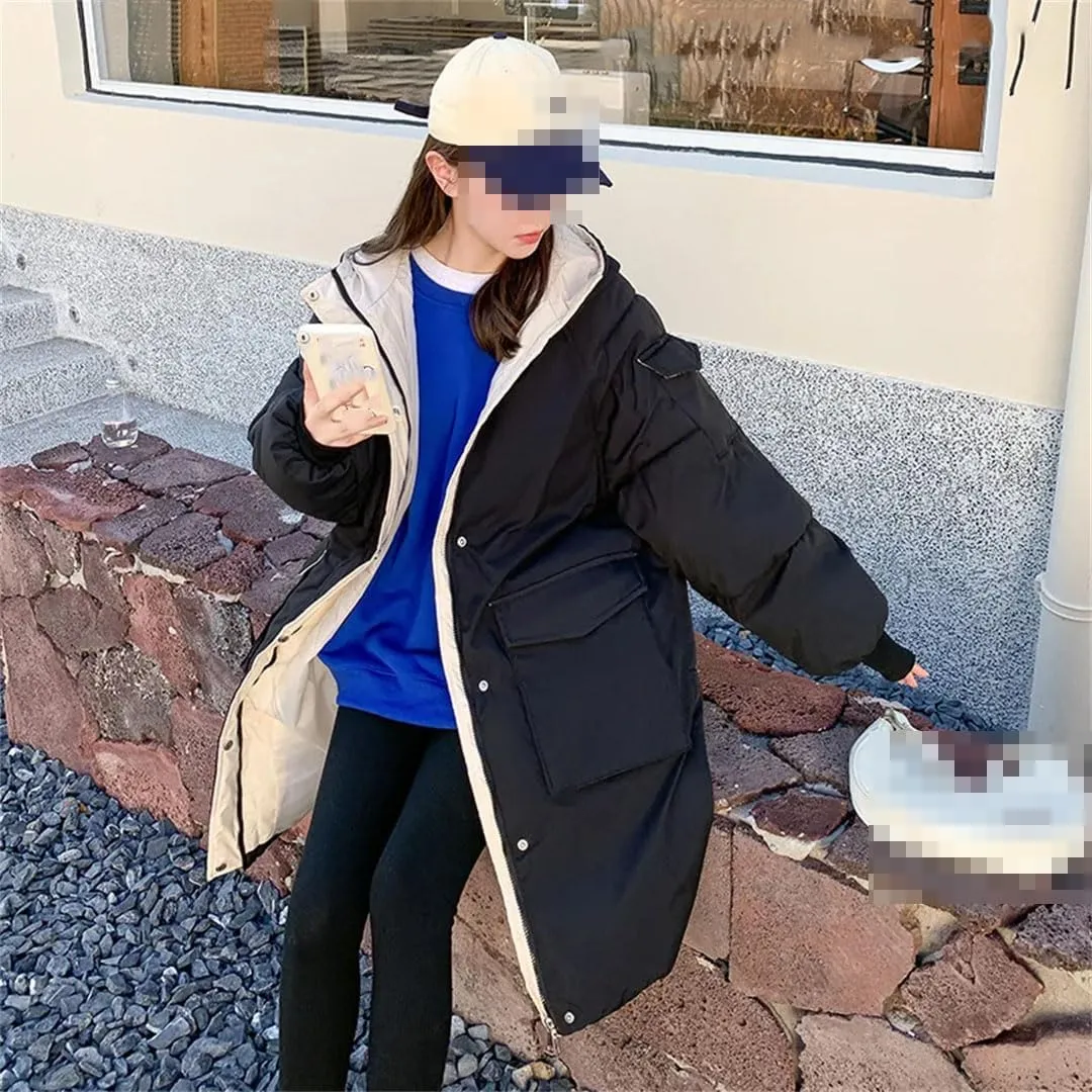 Fjnbbiot Hooded Loose Causal Puffer Outwear Thick Female Padded Jacket Winter Fashion Long Cotton Parker Coats