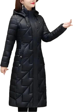 Fjnbbiot Women's Winter Cold Coats Long Parkas Warm Down Basic Jacket Fashion Cotton Padded Outwear Hooded Windproof Overcoat