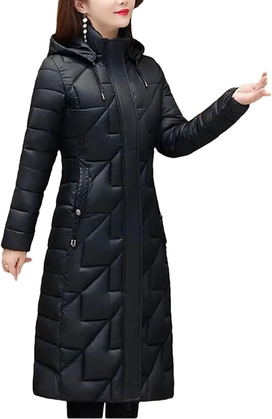 Fjnbbiot Women's Winter Cold Coats Long Parkas Warm Down Basic Jacket Fashion Cotton Padded Outwear Hooded Windproof Overcoat