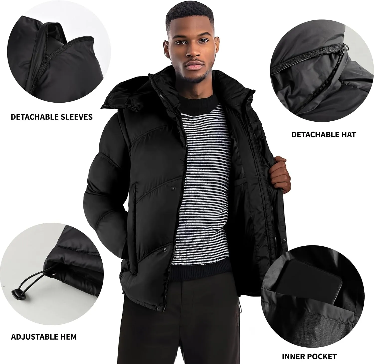 GINGTTO Men's Insulated Puffer Jackets with Detatchable Sleeves & Hood, Thermal Waterproof Coats for Men