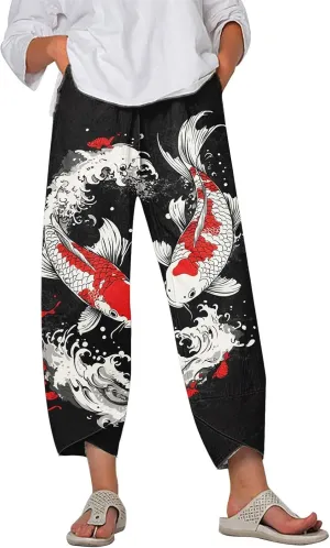 HOTYD Japanese Wige Leg Pants for Women Artist Linen Pants Womens Capri Pants Summer Baggy Cropped Trouser with Pockets