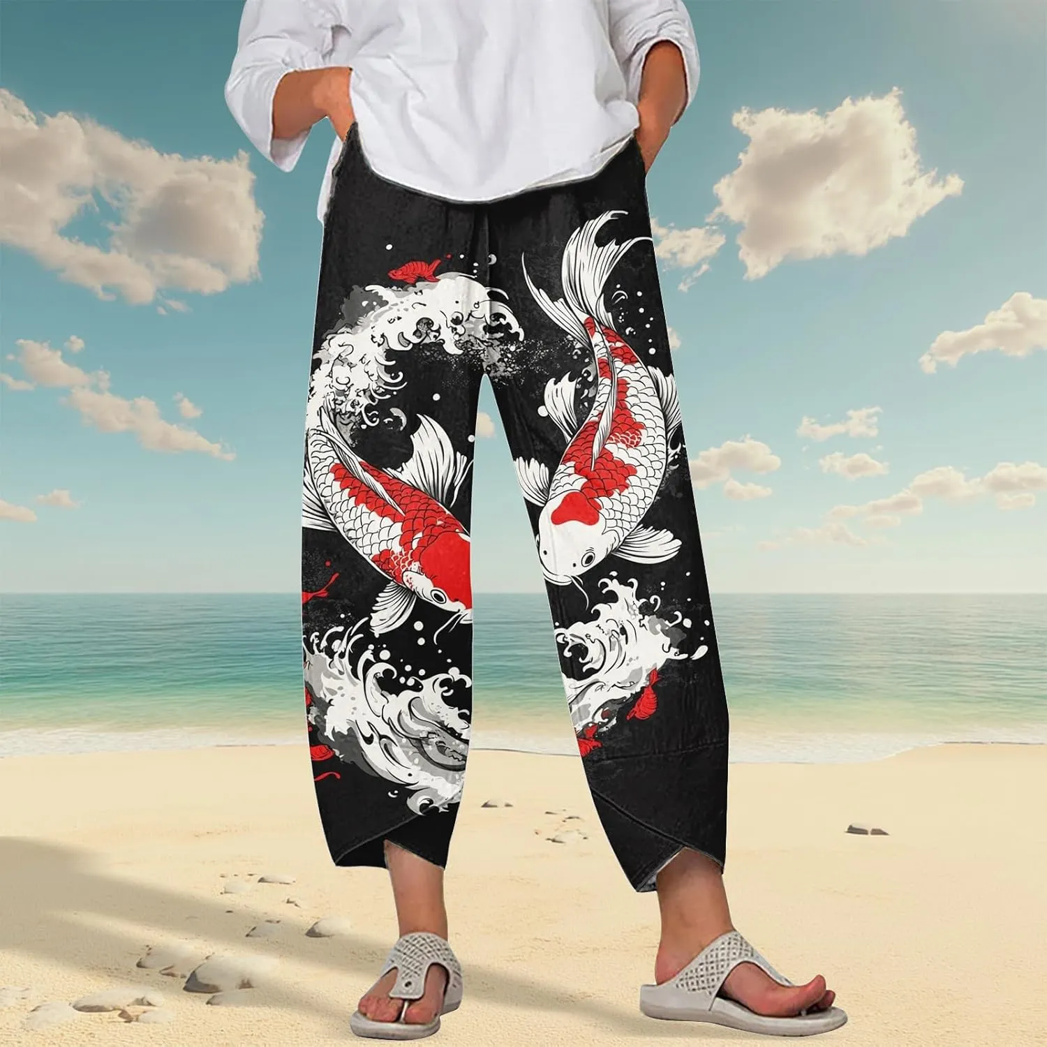 HOTYD Japanese Wige Leg Pants for Women Artist Linen Pants Womens Capri Pants Summer Baggy Cropped Trouser with Pockets