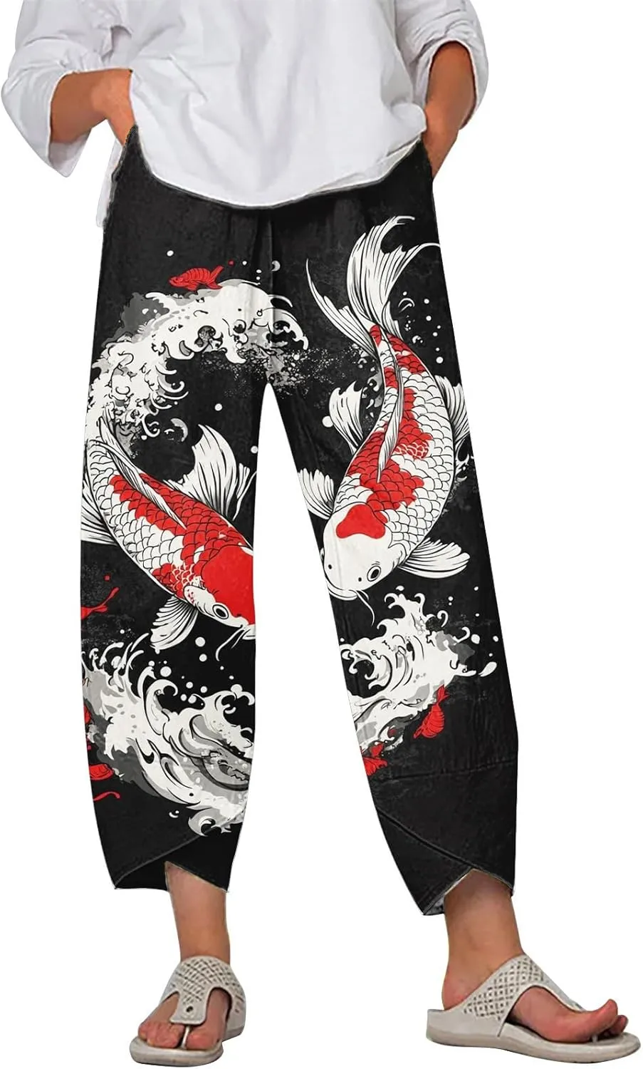 HOTYD Japanese Wige Leg Pants for Women Artist Linen Pants Womens Capri Pants Summer Baggy Cropped Trouser with Pockets