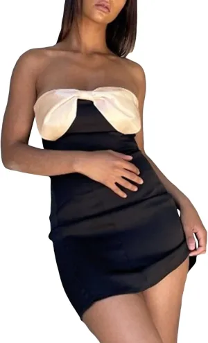 HYxwrjoker Women Y2K Off Shoulder Mini Tube Dress Open Back Strapless Bodycon Dress Pleated A-Line Flare Ruffle Short Dresses