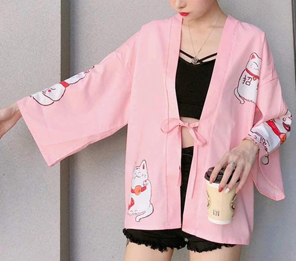 LAI MENG FIVE CATS Women's Lucky Cat Cardigan Kimono Loose Cover up Casual Blouse Cute Tops