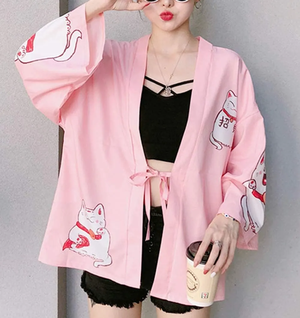LAI MENG FIVE CATS Women's Lucky Cat Cardigan Kimono Loose Cover up Casual Blouse Cute Tops
