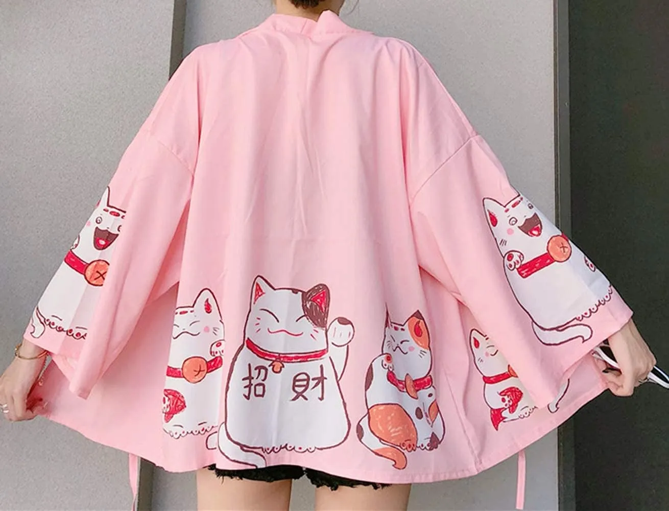 LAI MENG FIVE CATS Women's Lucky Cat Cardigan Kimono Loose Cover up Casual Blouse Cute Tops