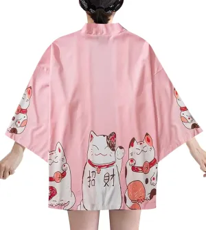 LAI MENG FIVE CATS Women's Lucky Cat Cardigan Kimono Loose Cover up Casual Blouse Cute Tops