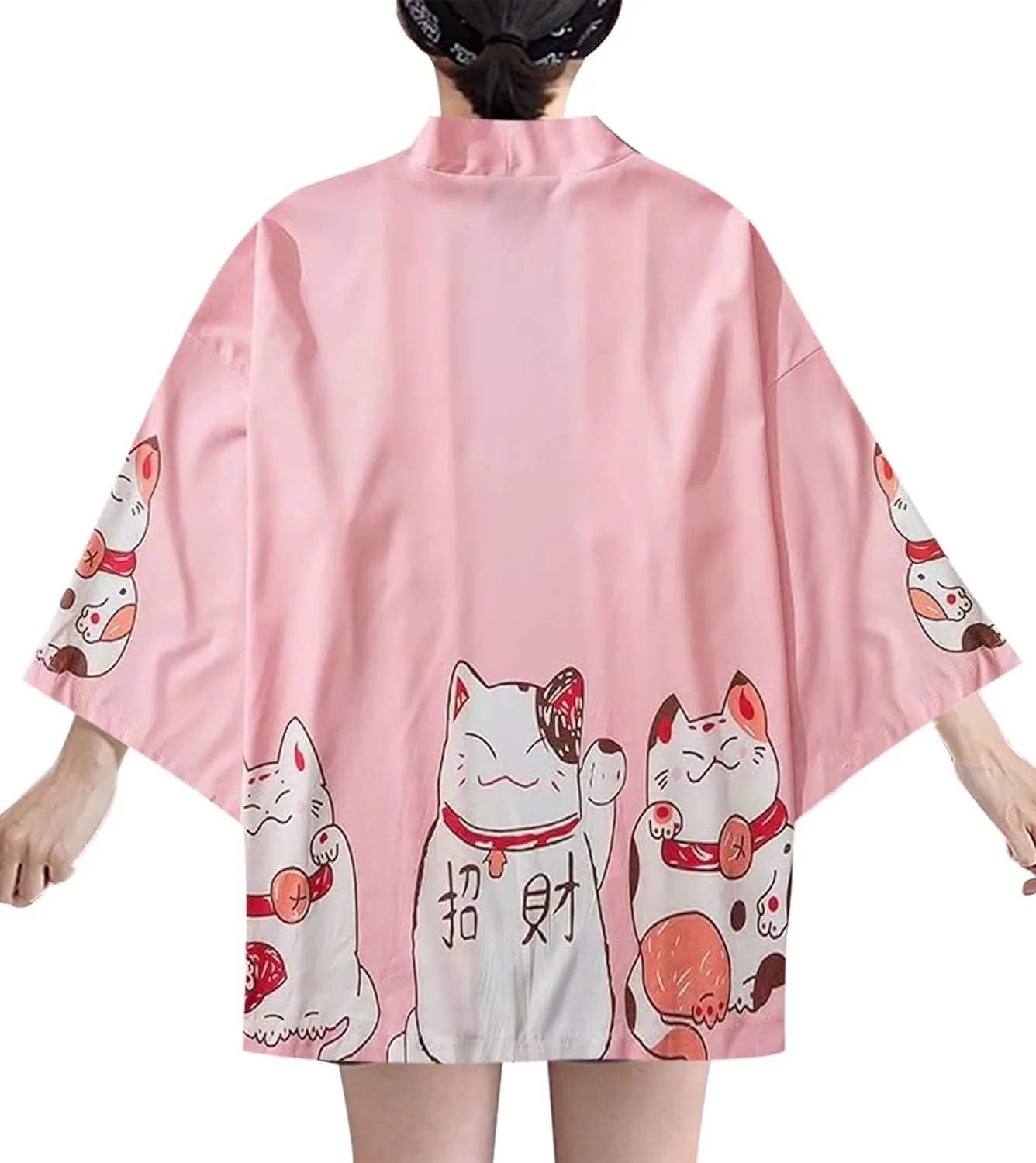 LAI MENG FIVE CATS Women's Lucky Cat Cardigan Kimono Loose Cover up Casual Blouse Cute Tops