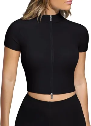 LASLULU Womens Cropped Workout Gym Running Tops Athletic Jackets Short Sleeve Zip up Fitted Tight Track Sports Jacket