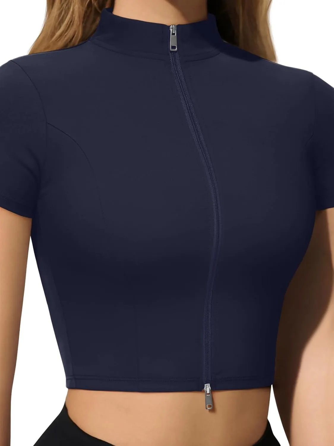 LASLULU Womens Cropped Workout Gym Running Tops Athletic Jackets Short Sleeve Zip up Fitted Tight Track Sports Jacket