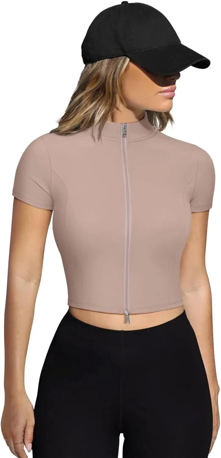 LASLULU Womens Cropped Workout Gym Running Tops Athletic Jackets Short Sleeve Zip up Fitted Tight Track Sports Jacket