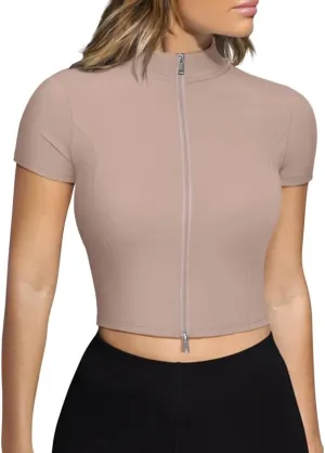 LASLULU Womens Cropped Workout Gym Running Tops Athletic Jackets Short Sleeve Zip up Fitted Tight Track Sports Jacket