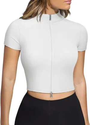 LASLULU Womens Cropped Workout Gym Running Tops Athletic Jackets Short Sleeve Zip up Fitted Tight Track Sports Jacket