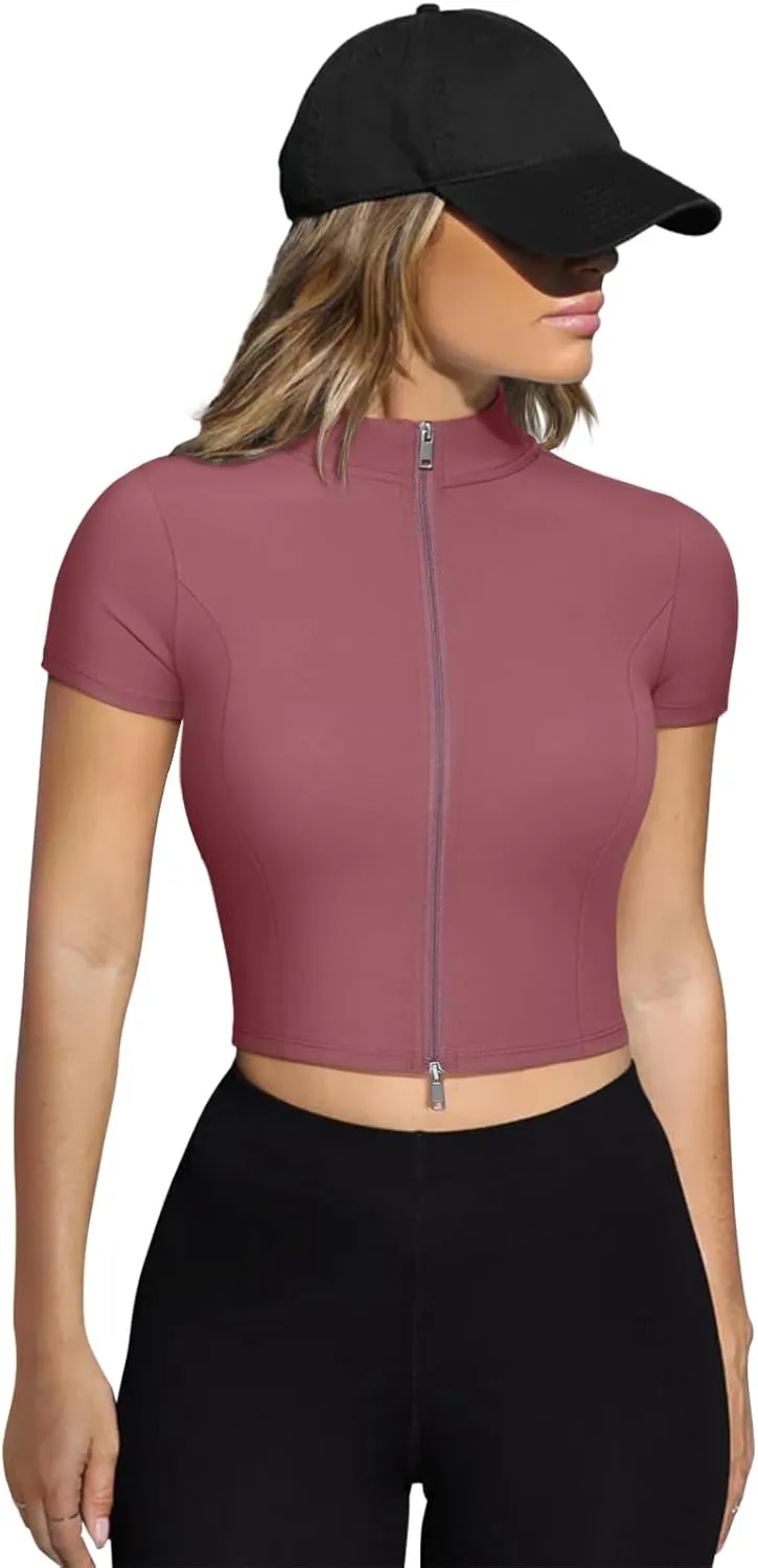LASLULU Womens Cropped Workout Gym Running Tops Athletic Jackets Short Sleeve Zip up Fitted Tight Track Sports Jacket