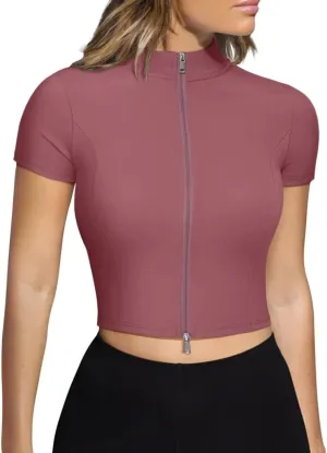 LASLULU Womens Cropped Workout Gym Running Tops Athletic Jackets Short Sleeve Zip up Fitted Tight Track Sports Jacket