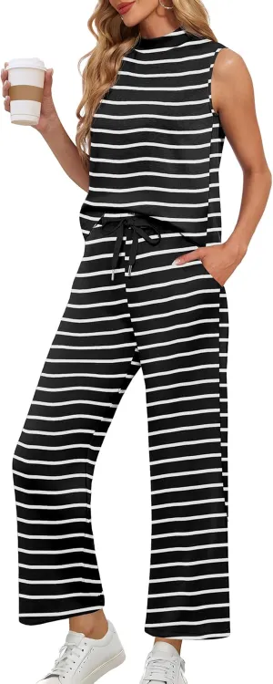 Lepunuo Two Piece Sets for Women Summer Mock Neck Sleeveless Top Wide Leg Pants Lounge Sets Vacation Travel Outfits