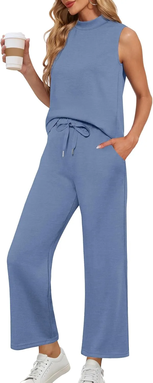 Lepunuo Two Piece Sets for Women Summer Mock Neck Sleeveless Top Wide Leg Pants Lounge Sets Vacation Travel Outfits