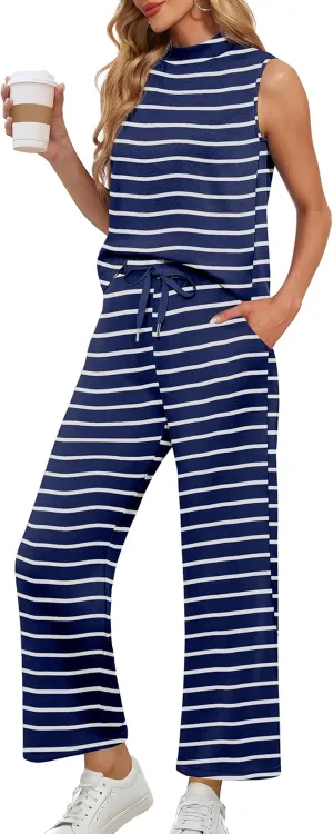 Lepunuo Two Piece Sets for Women Summer Mock Neck Sleeveless Top Wide Leg Pants Lounge Sets Vacation Travel Outfits
