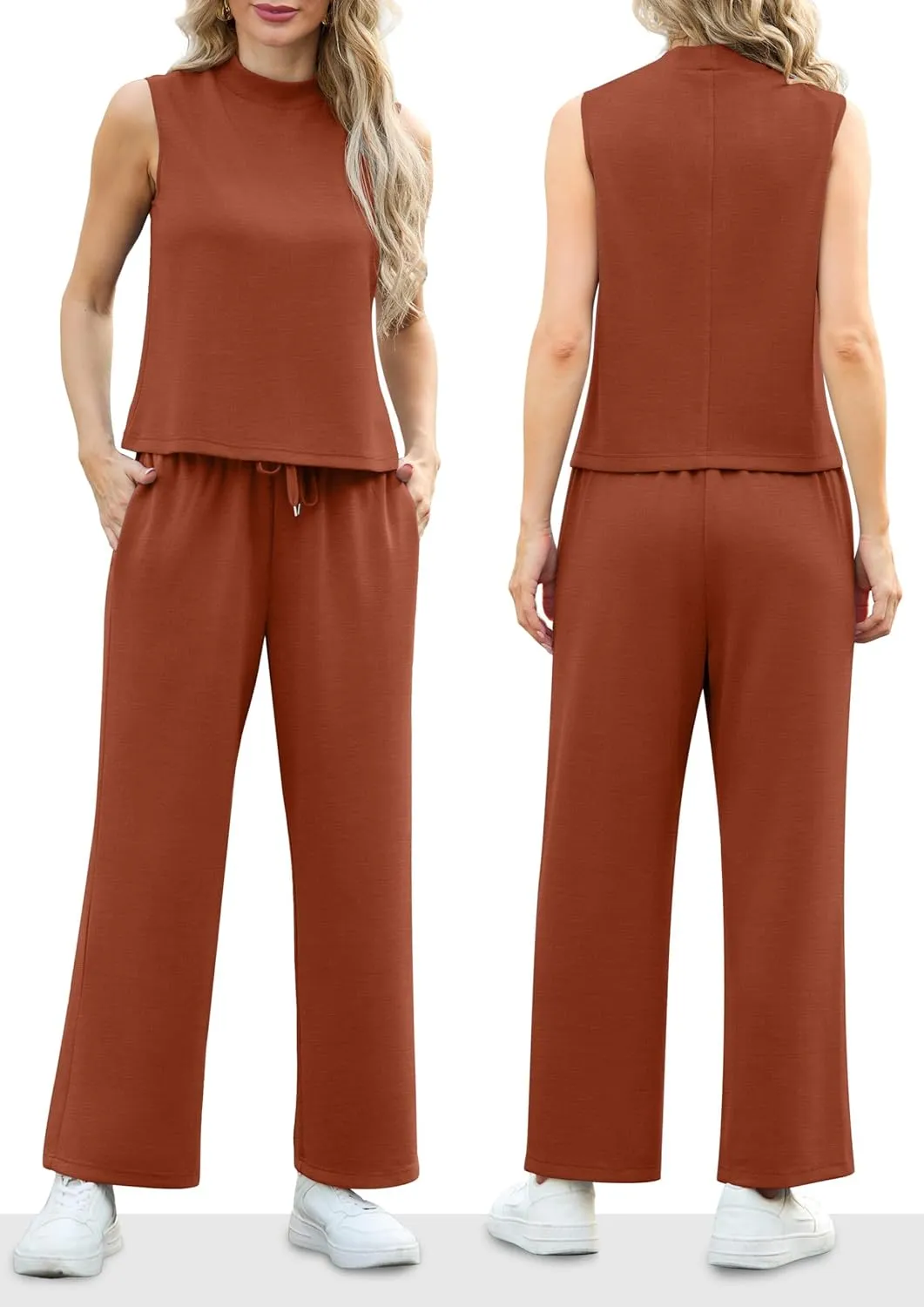 Lepunuo Two Piece Sets for Women Summer Mock Neck Sleeveless Top Wide Leg Pants Lounge Sets Vacation Travel Outfits