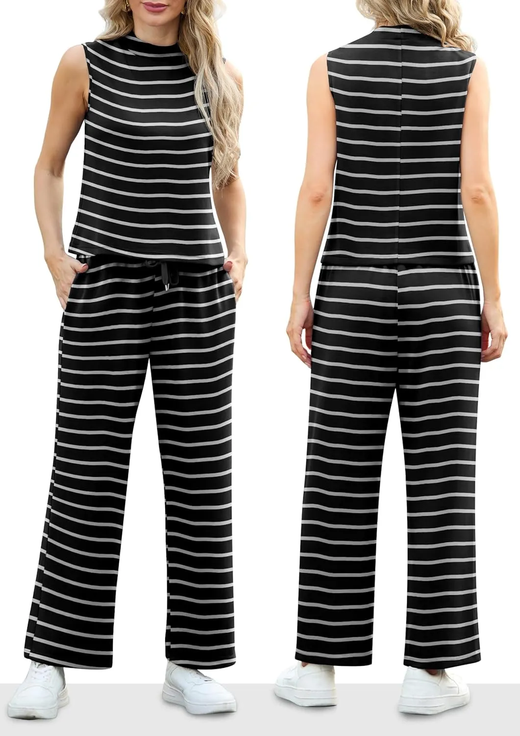 Lepunuo Two Piece Sets for Women Summer Mock Neck Sleeveless Top Wide Leg Pants Lounge Sets Vacation Travel Outfits