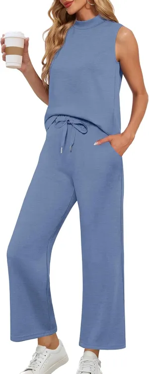 Lepunuo Two Piece Sets for Women Summer Mock Neck Sleeveless Top Wide Leg Pants Lounge Sets Vacation Travel Outfits