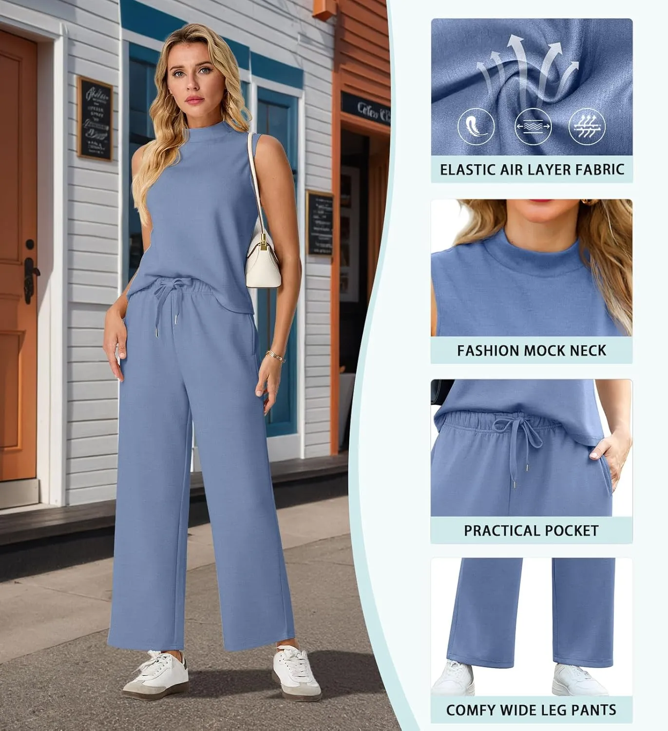 Lepunuo Two Piece Sets for Women Summer Mock Neck Sleeveless Top Wide Leg Pants Lounge Sets Vacation Travel Outfits