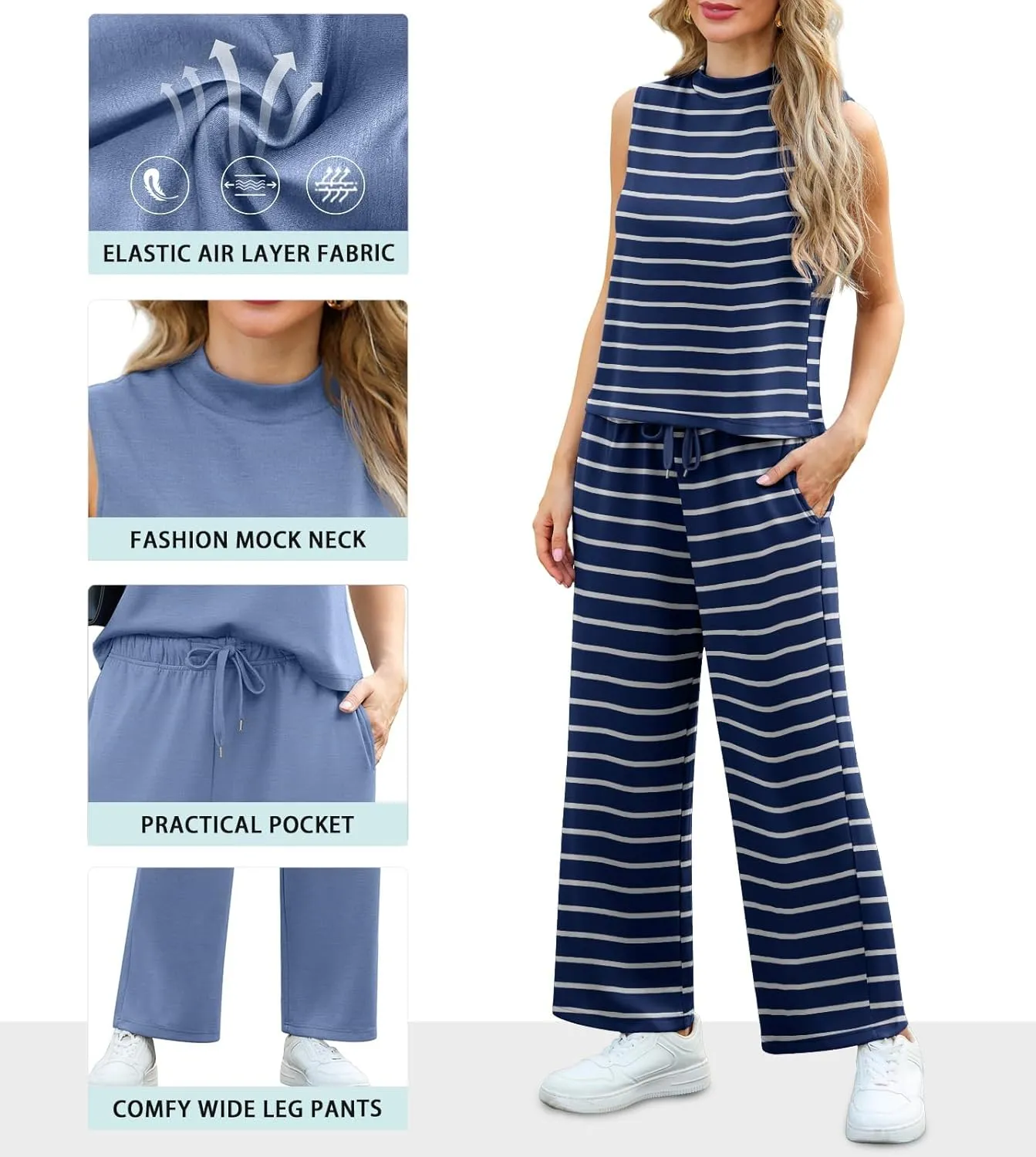 Lepunuo Two Piece Sets for Women Summer Mock Neck Sleeveless Top Wide Leg Pants Lounge Sets Vacation Travel Outfits
